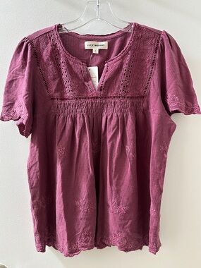 Lucky Brand Plum Embroidered Cotton Peasant Top
